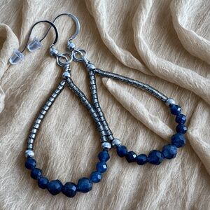 Handmade wire wrapped teardrop hoop earrings stainless steel & sapphire quartz
